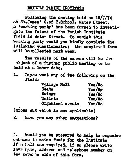 Brindle Community Hall Questionnaire 1974